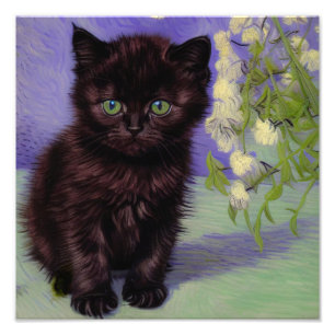 Foto Gato estilo Van Gogh con flores blancas