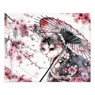 Foto Gato Geisha con Parasol y Flores de Cerezo en Chi