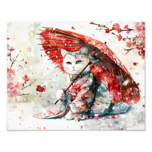 Foto Gato Geisha Misterioso con Parasol Rojo