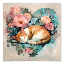 Gato Gordo Soñoliento Floral Acuarela