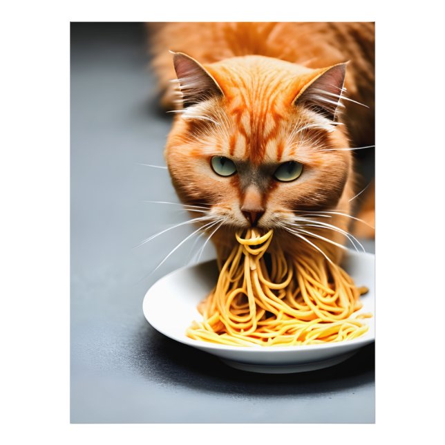 Foto Gato Naranja Comiendo Espaguetis (Frente)
