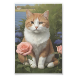 Foto Gato naranja y blanco con rosas rosadas