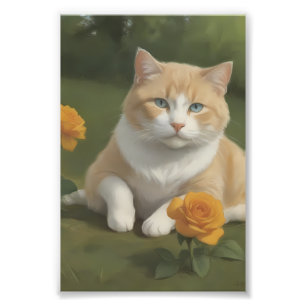 Foto Gato naranja y blanco con una rosa amarilla