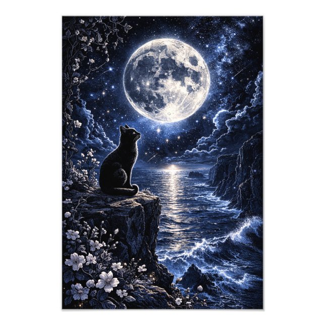 Foto Gato Negro Bajo Noche de Océano de Luna Llena Fant (Frente)
