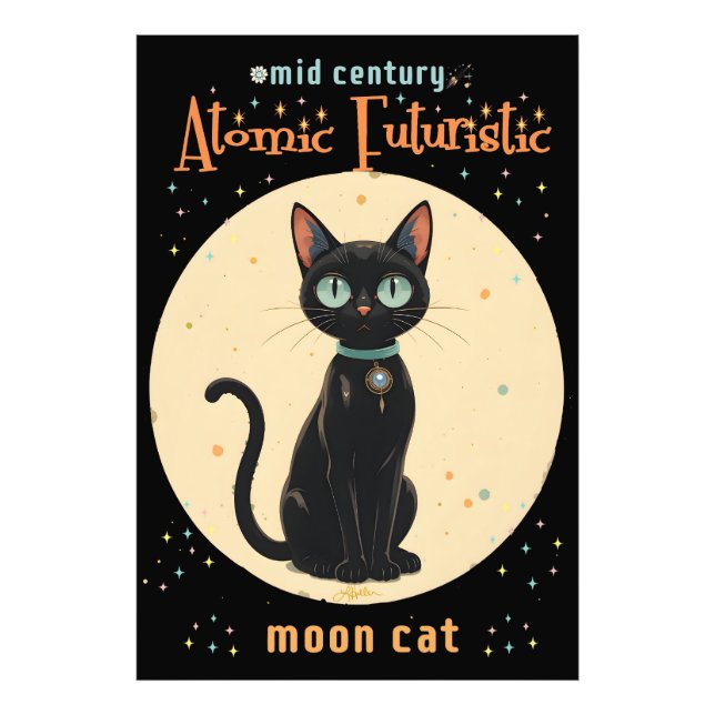 Foto Gato negro lunar futurista atómico con texto (Frente)