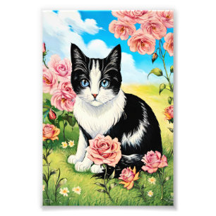 Foto Gato negro y blanco en una pradera floral