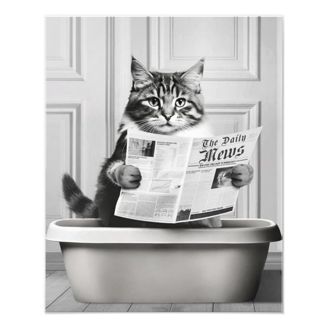 Foto Gato sentado en el inodoro, gato leyendo una notic (Frente)