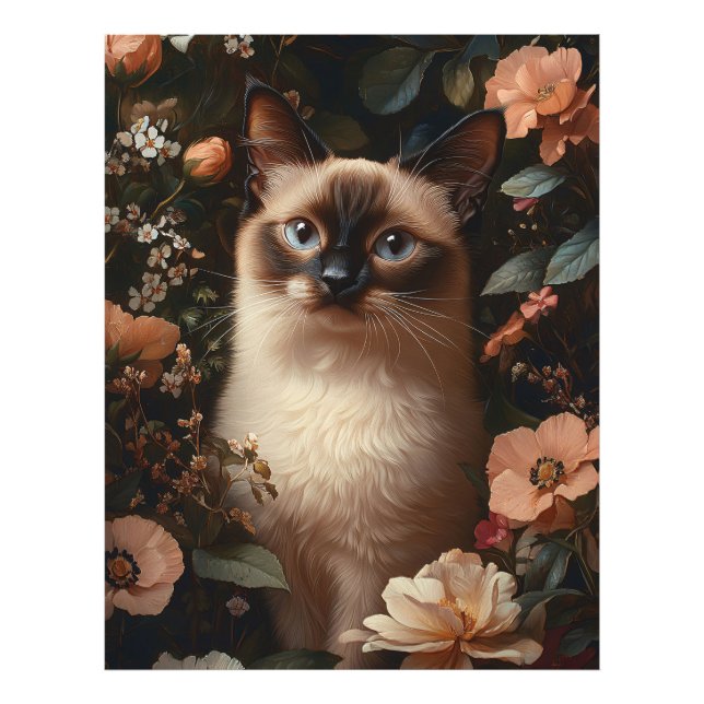 Foto Gato Siamés Rodeado De Flores Rosa De Rubor (Frente)