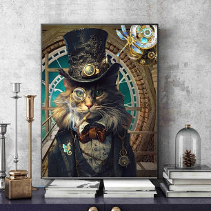 Foto gato steampunk en poster de la torre de relojería