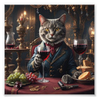 Gato victoriano con vidrio de vino rojo