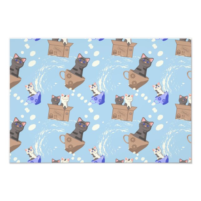 Foto Gatos en caja y gotas de leche en azul (Frente)