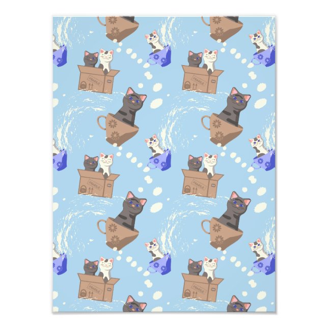 Foto Gatos en caja y gotas de leche en azul (Frente)