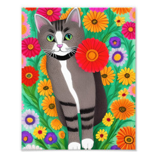 Foto Gatos grises y blancos caprichosos y flor roja