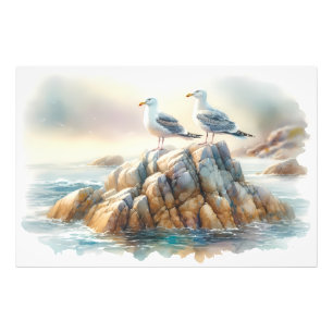 Foto Gaviotas Costeras Acuarela Paisaje Marítimo