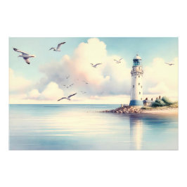 Foto Gaviotas de faro costero Serenidad de cielo pastel
