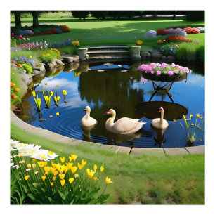 Foto Geese en el estanque con flores y hierba