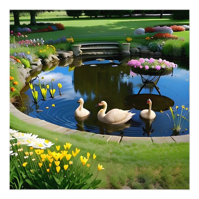 Foto Geese en el estanque con flores y hierba (Frente)