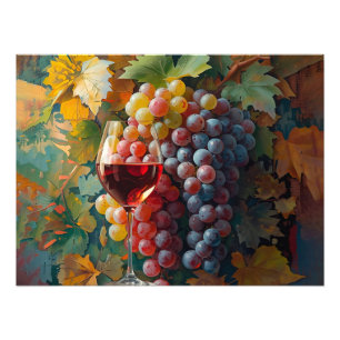 Foto Glass of Red Wine with Grapes and Leaves