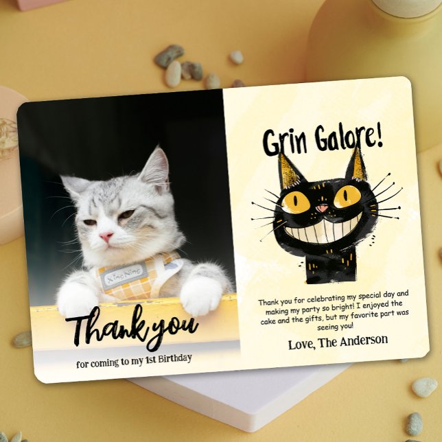 Foto Graciosa Tarjeta de agradecimiento para el cu (Photo Funny Black Cat Birthday Thank You Card)