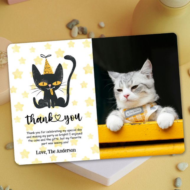 Foto Graciosa Tarjeta de agradecimiento para el cu (Photo Funny Black Cat Birthday Thank You Card)