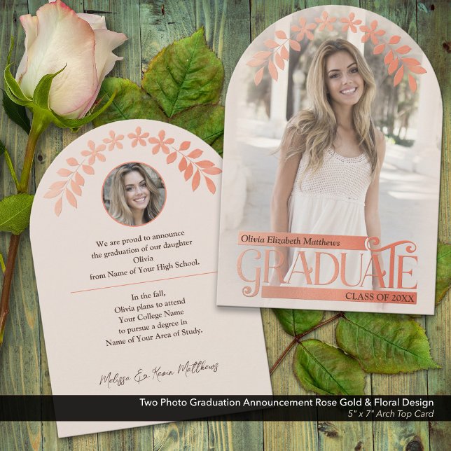 Foto Graduación Invitación Rosa Floral de oro (Two Photo Graduation Announcement with Faux Embossed Rose Gold and Floral Details)