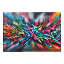 Graffiti Streetart auf Ziegelwand mit Skyline 