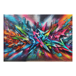 Foto Graffiti Streetart auf Ziegelwand mit Skyline 