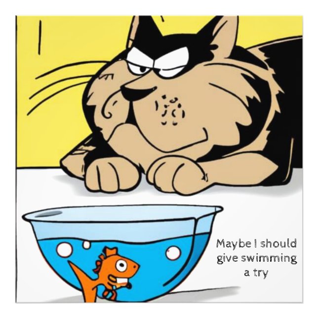 Foto Gran gato, pequeño pez dorado. Texto editable. Cóm (Frente)