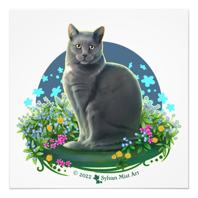 Foto Gray Cat in the Flower Garden (Frente)