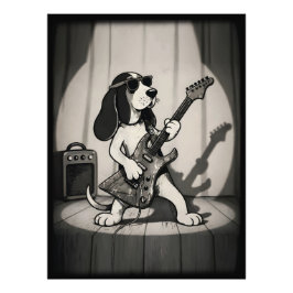 Foto Guitarrista Basset Hound Estrella de Rock Retro Mo