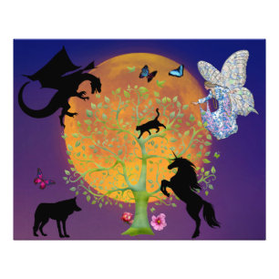 Foto Hada de dragón Unicornio Fantasía Árbol y Luna Lle