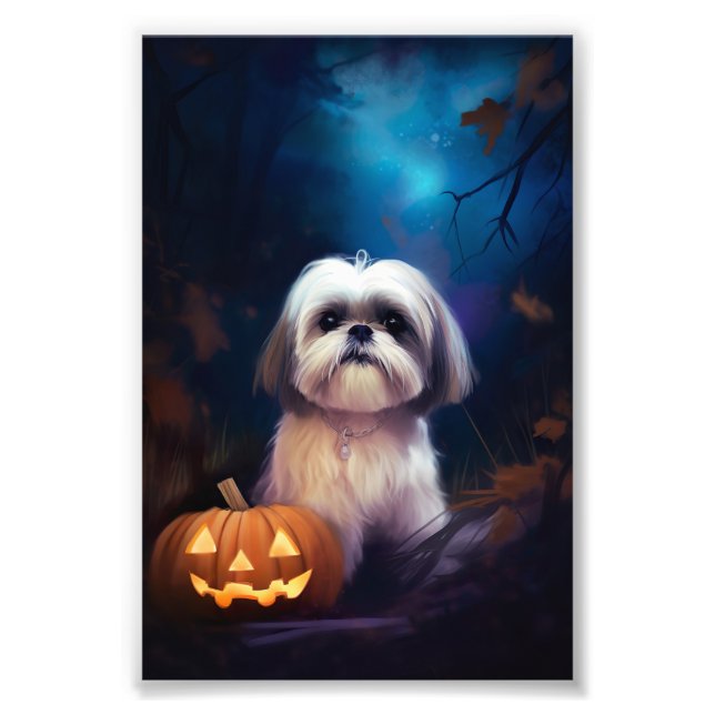 Foto Halloween Shih Tzu con calabazas aterradoras (Frente)
