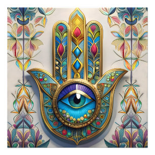 Foto Hamsa de tercer ojo azul-verde con filigrana color