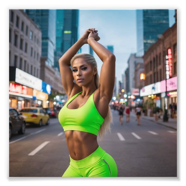 Foto Hermosa Chica de fitness rubia posando en verde ne (Frente)