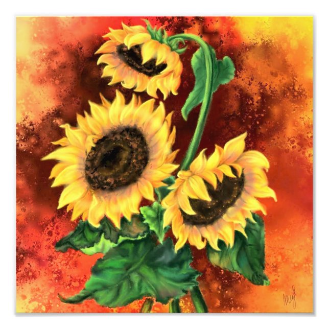 Foto Hermosos tres girasoles - Pintura de arte mezclado (Frente)