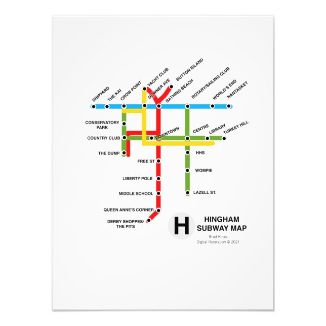 Foto Hingham Massachusetts Subway Map Satire Photo Prin (Frente)