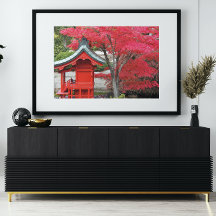 Hojas de arce japonesas rojas y santuario de jardi