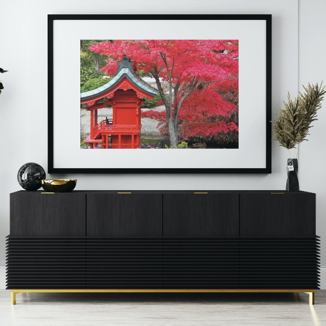 Foto Hojas de arce japonesas rojas y santuario de jardi (In Situ Framed)