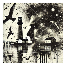 Foto Hombre de doble exposición con faro y gaviota