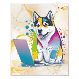 Foto Husky Dog Computer Rainbow Watercolor Tech Savvy