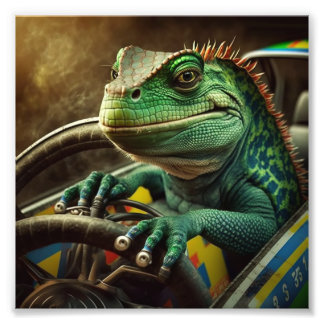 Foto Iguana conduciendo coche de carreras