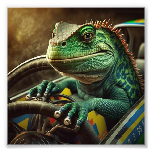 Foto Iguana conduciendo coche de carreras (Frente)