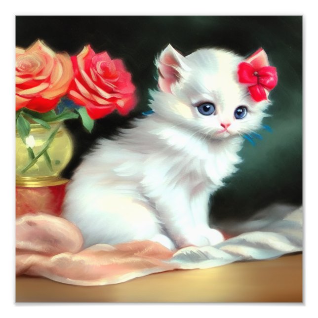 Foto Ilustracion de gatito blanco con flores rojas (Frente)
