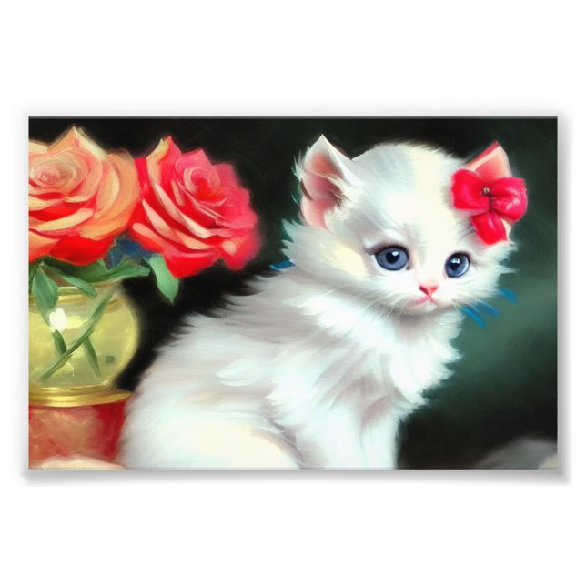 Foto Ilustracion de gatito blanco con flores rojas (Frente)