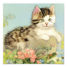 Foto Ilustracion de gato vintage con flores rosas