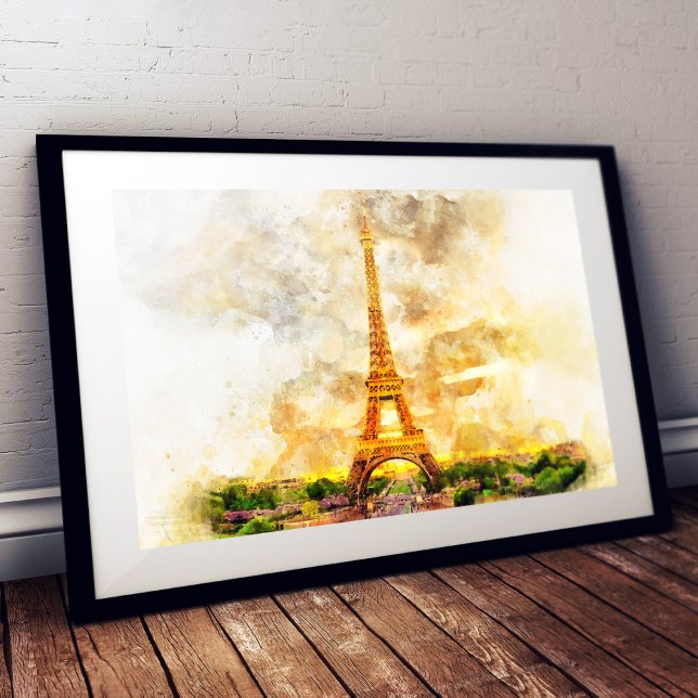 Foto Impresión artística de acuarela del atardecer en l (Paris Eiffel Tower Watercolor Sunset Art Print. Photo Print)