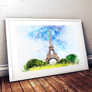 Foto Impresión de Arte de Acuarela de la Torre Eiffel P