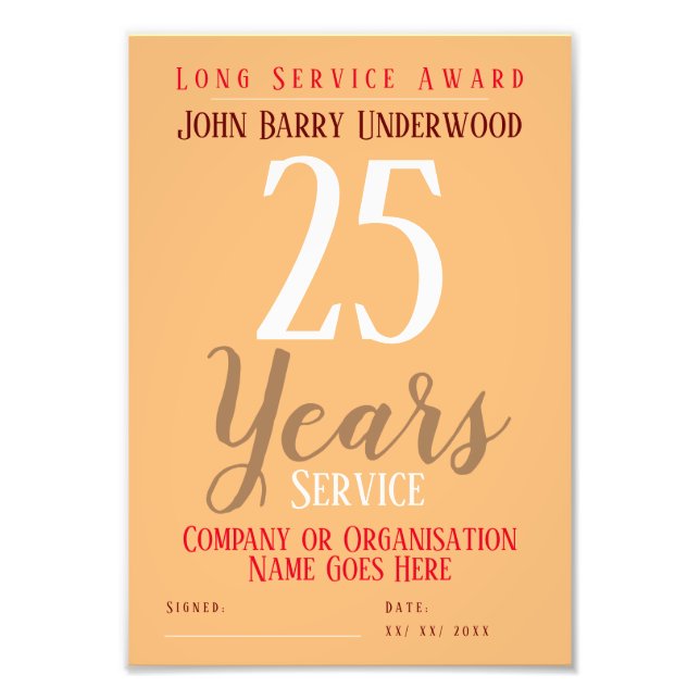 Foto Impresión de certificado de premio de servicio lar (Frente)