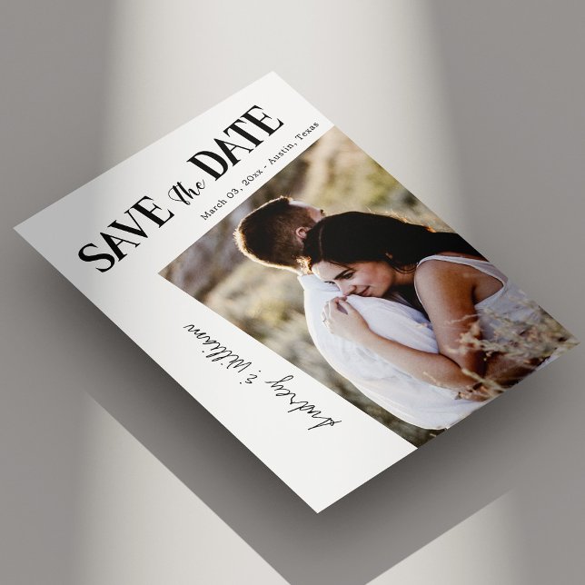 Foto inclinada moderna Guardar la tarjeta de fecha (Modern Slanted Photo Save the Date Card Minimalist Personalized)