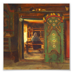 Foto Interior de cabaña vintage mujer tejiendo en telar